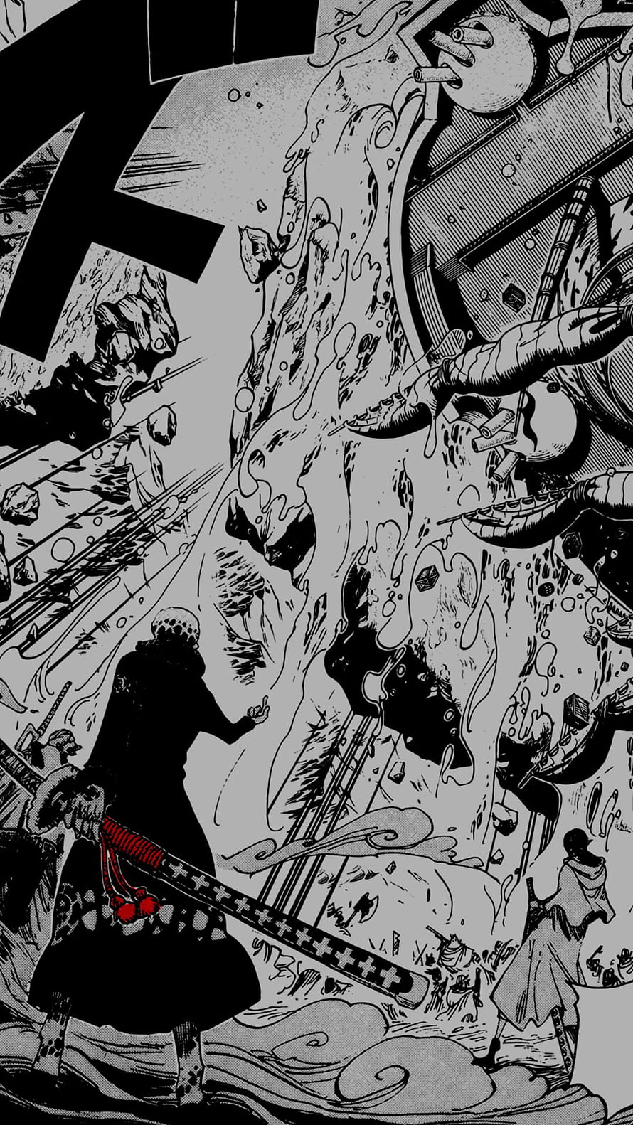 One Piece manga panel featuring Trafalgar Law and Eustass Kid facing a massive tidal wave attack, One Piece Manga, manga panel HD phone wallpaper