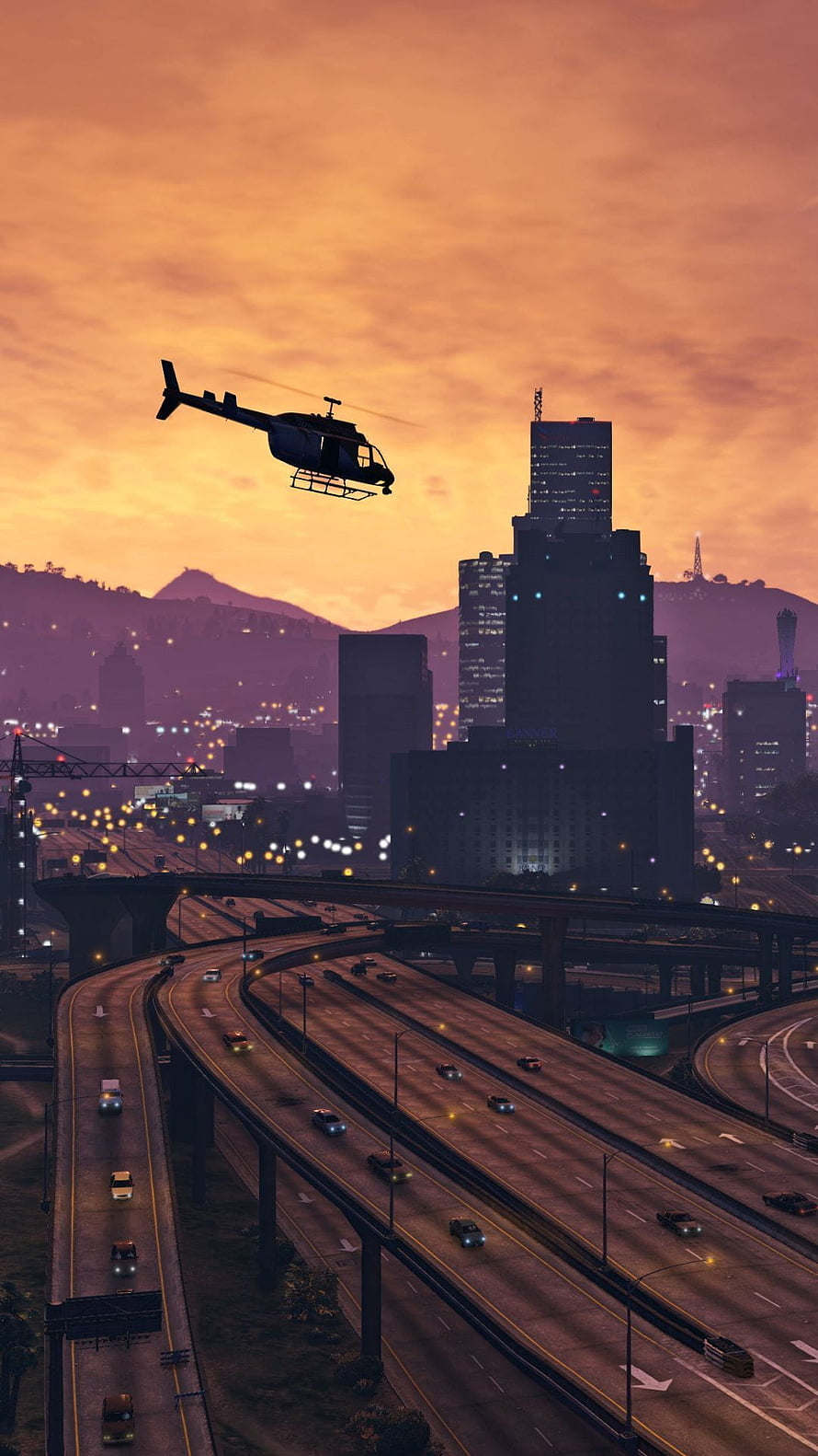 Grand Theft Auto V Los Santos City Skyline with Helicopter at Sunset HD phone wallpaper