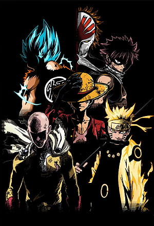 Anime Superheroes Group Artwork Featuring Goku, Monkey D. Luffy, Naruto Uzumaki, Saitama, and Gon Freecss HD phone wallpaper