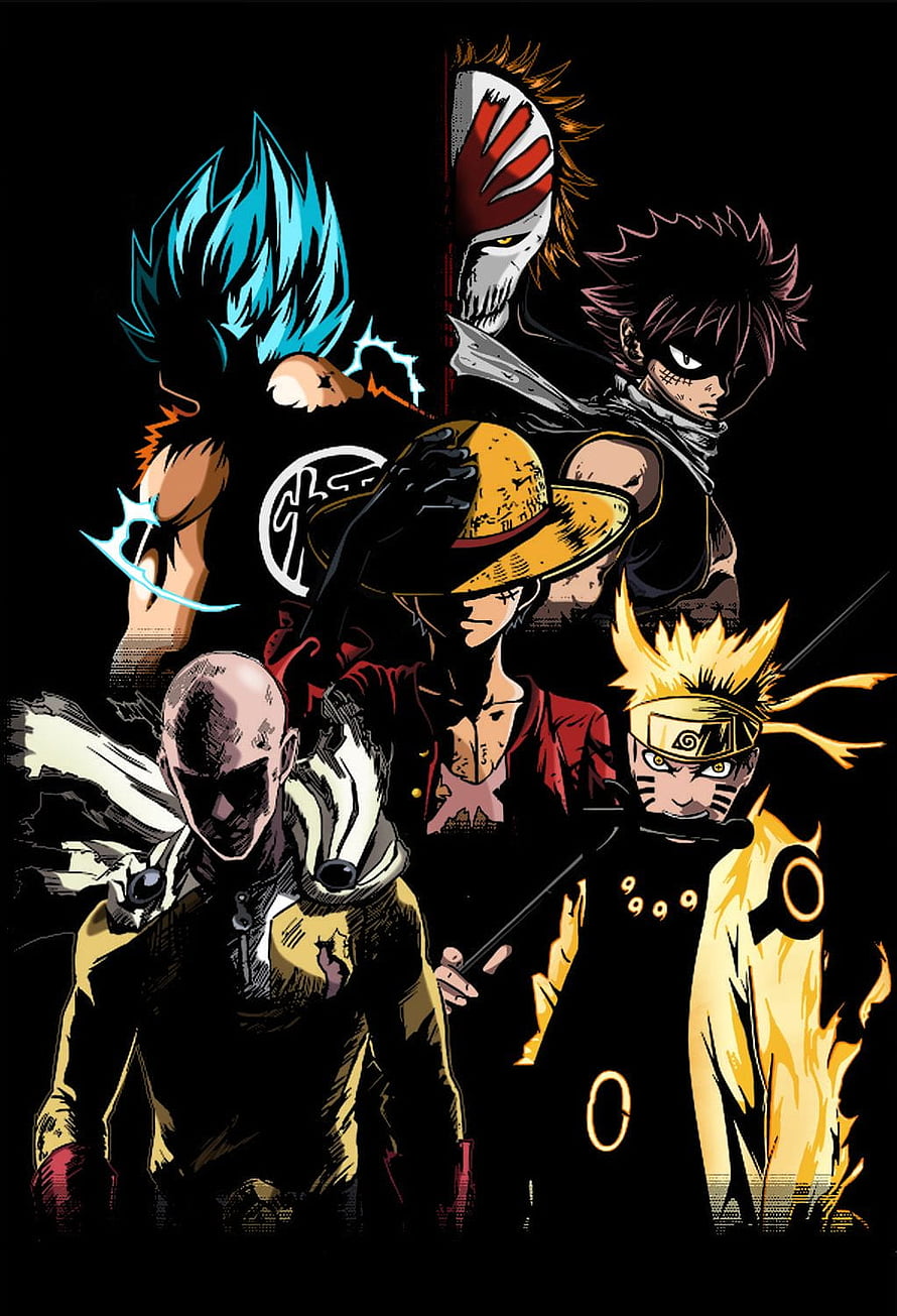 Anime Superheroes Group Artwork Featuring Goku, Monkey D. Luffy, Naruto Uzumaki, Saitama, and Gon Freecss HD phone wallpaper