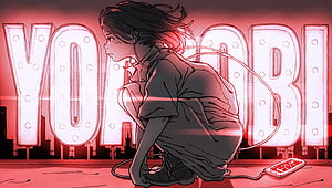 YOASOBI Anime Girl Crouching Before Neon Marquee Sign in Red Cyberpunk Cityscape HD wallpaper