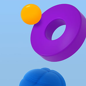 Vibrant 3D Abstract Geometric Shapes with Purple Torus and Orange Sphere on Light Blue Background HD phone wallpaper