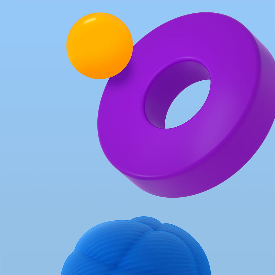 Vibrant 3D Abstract Geometric Shapes with Purple Torus and Orange Sphere on Light Blue Background HD phone wallpaper