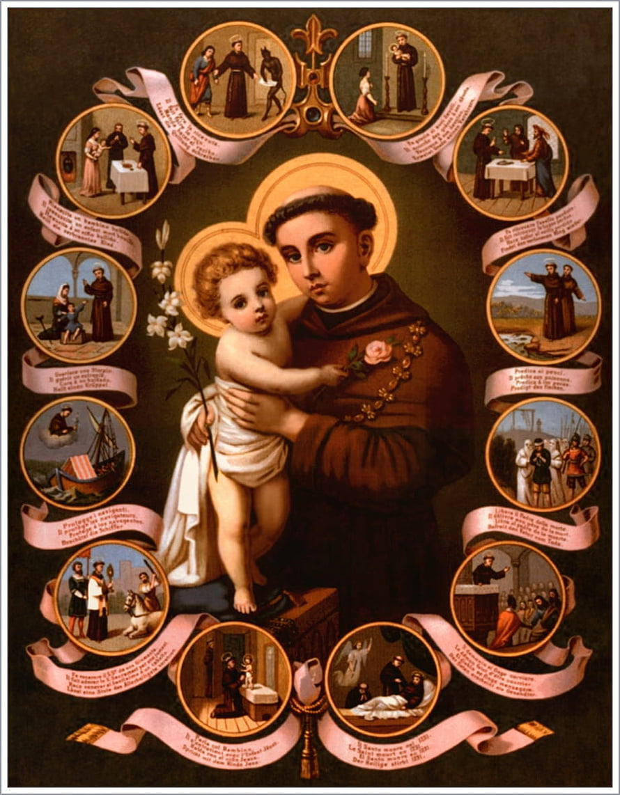 Saint Anthony of Padua Holding the Christ Child with Miracle Scenes HD phone wallpaper