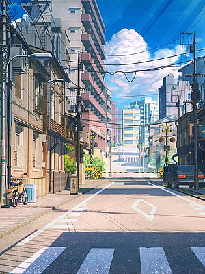 Sunny Japanese Street Scene in Anime Style with Railway Crossing and Blue Sky HD phone wallpaper