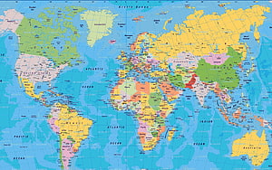 Detailed Political World Map Showing Countries, Oceans, and Continents in Color HD wallpaper