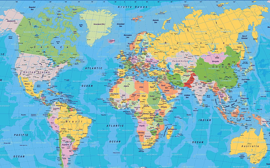 Detailed Political World Map Showing Countries, Oceans, and Continents in Color HD wallpaper
