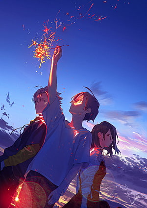 Anime Youth Holding Sparklers Against a Vibrant Twilight Sky HD phone wallpaper