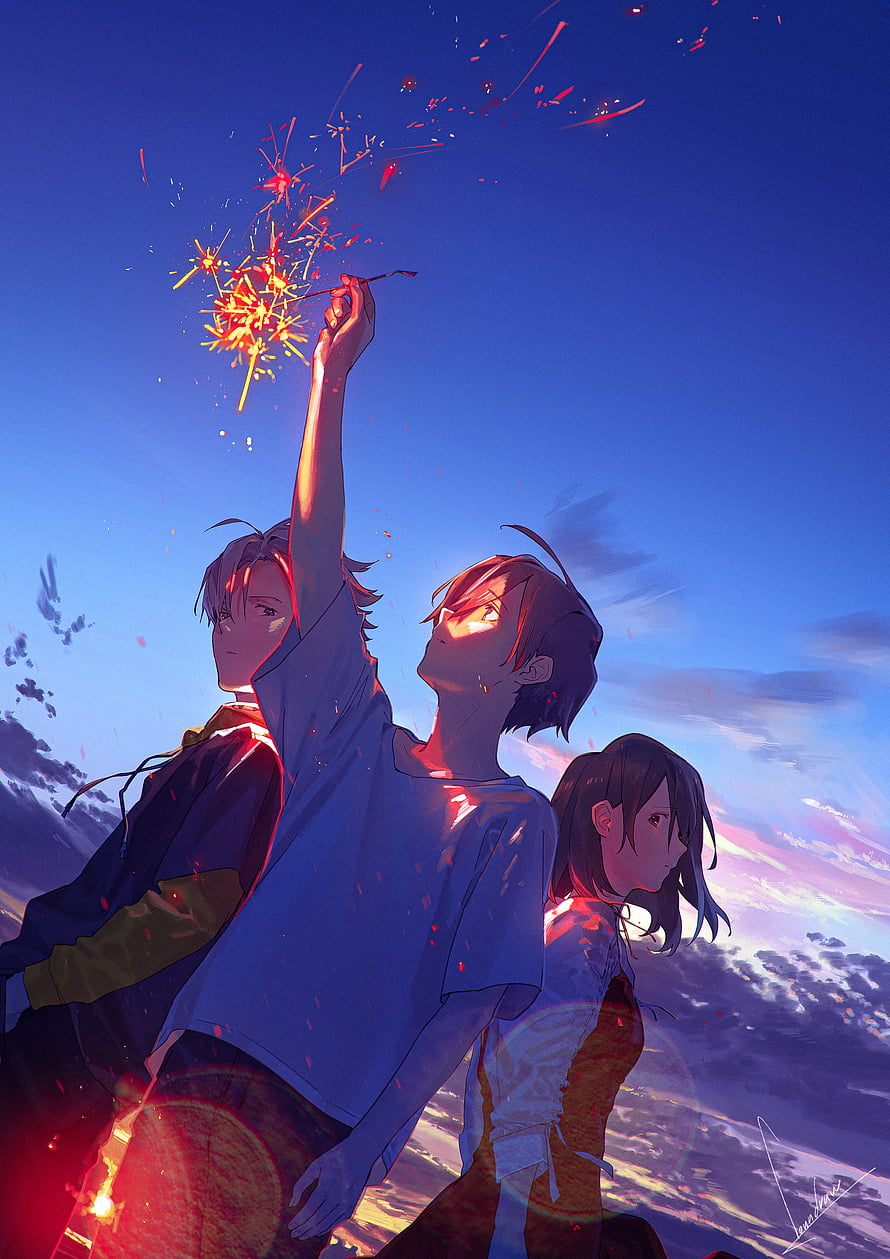 Anime Youth Holding Sparklers Against a Vibrant Twilight Sky HD phone wallpaper