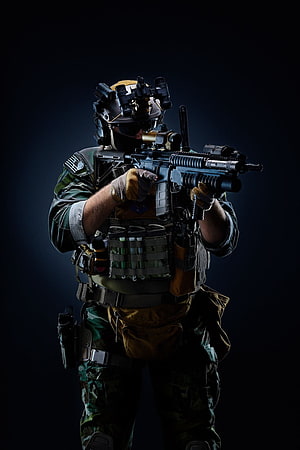Tactical Soldier with Assault Rifle and Night Vision Goggles in Dark Atmosphere HD phone wallpaper