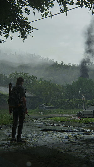 The Last of Us Part II: Ellie Standing in a Misty Post-Apocalyptic Landscape HD phone wallpaper
