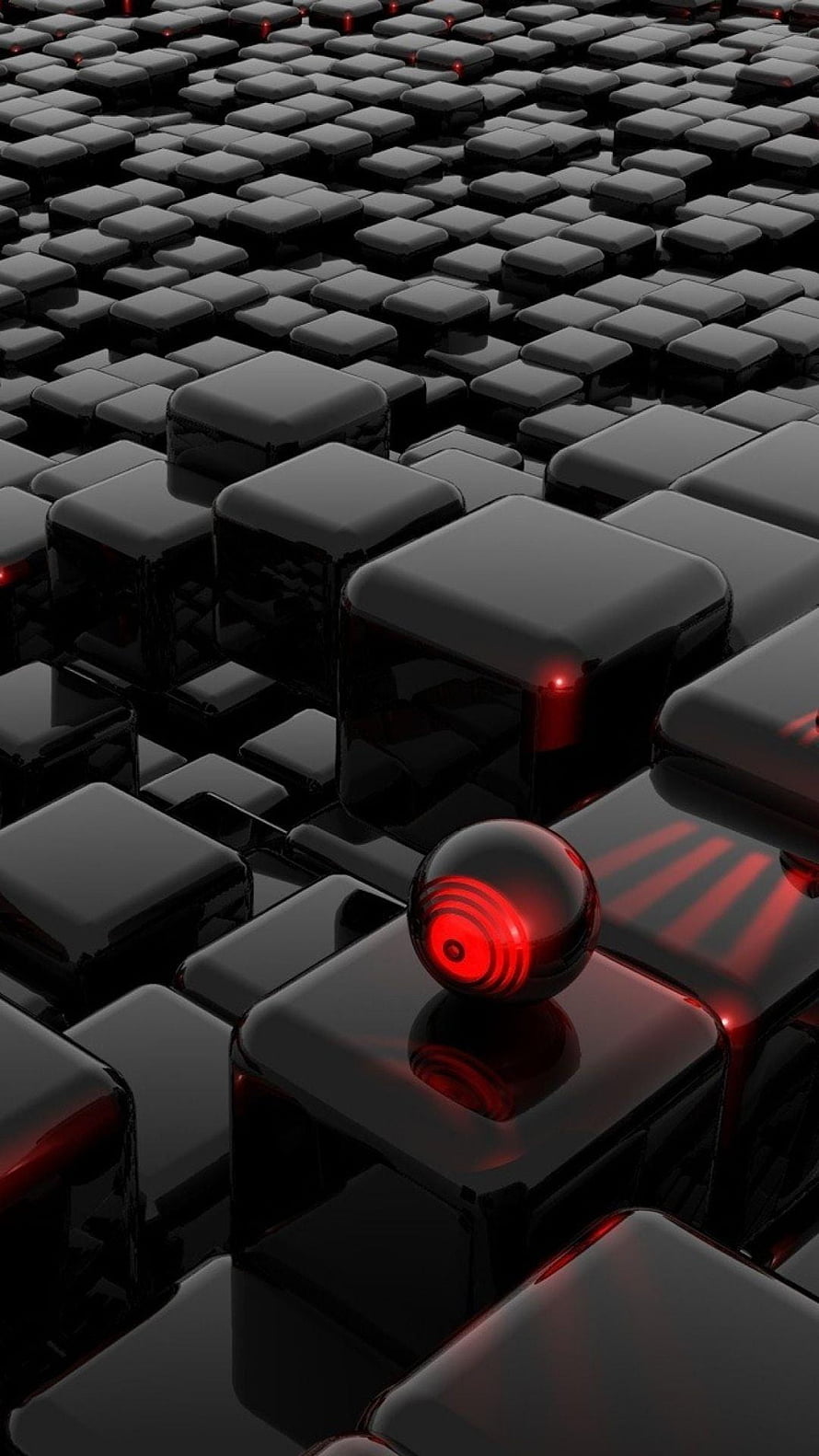 Abstract 3D Render of Glossy Black Cubes with Glowing Red Sphere HD phone wallpaper