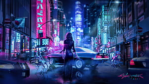 Cyberpunk 2077 V standing in neon city street with classic car and robots HD wallpaper