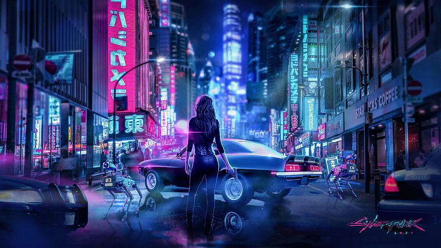 Cyberpunk 2077 V standing in neon city street with classic car and robots HD wallpaper