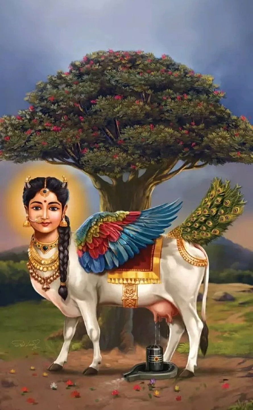 Kamadhenu Divine Cow with Peacock Wings and Human Face Under Flowering Tree, Kamadhenu HD phone wallpaper