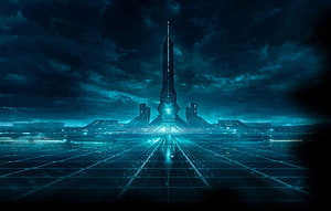 Tron Legacy Concept Art: Futuristic Digital Cityscape with Glowing Grid and Tower HD wallpaper
