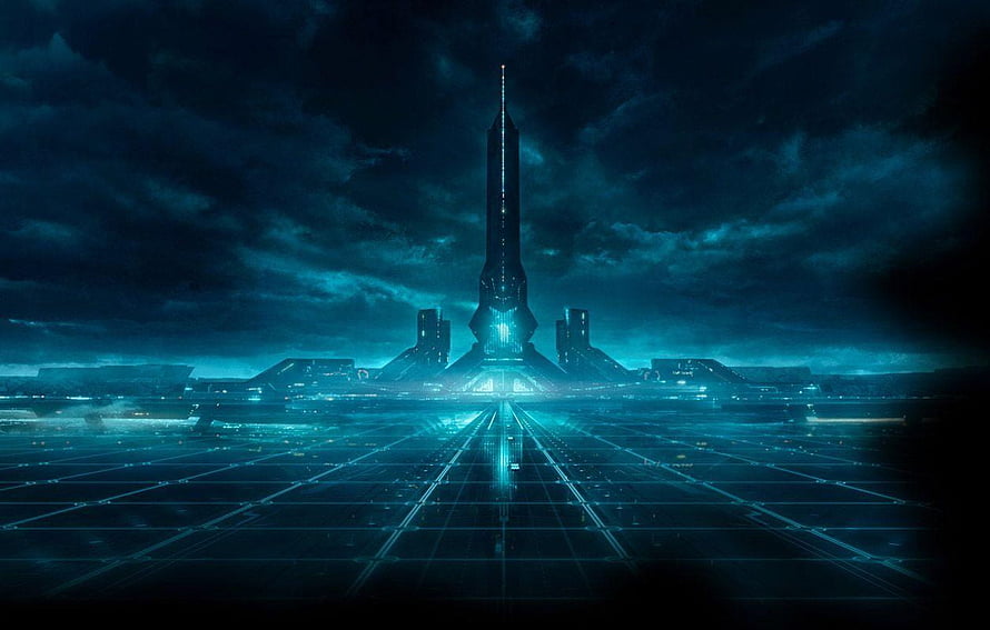 Tron Legacy Concept Art: Futuristic Digital Cityscape with Glowing Grid and Tower HD wallpaper