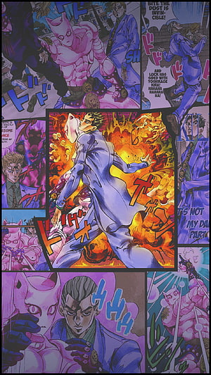 Kira Yoshikage and Killer Queen in Fiery JoJo Bizarre Adventure Manga Panel HD phone wallpaper
