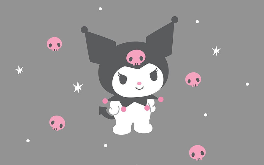 Cute Kuromi Character With Pink Skulls And Stars On Gray Background HD wallpaper