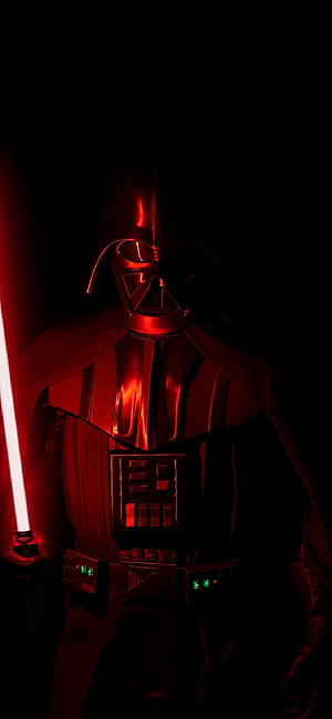 Darth Vader holding red lightsaber in dark cinematic lighting HD phone wallpaper