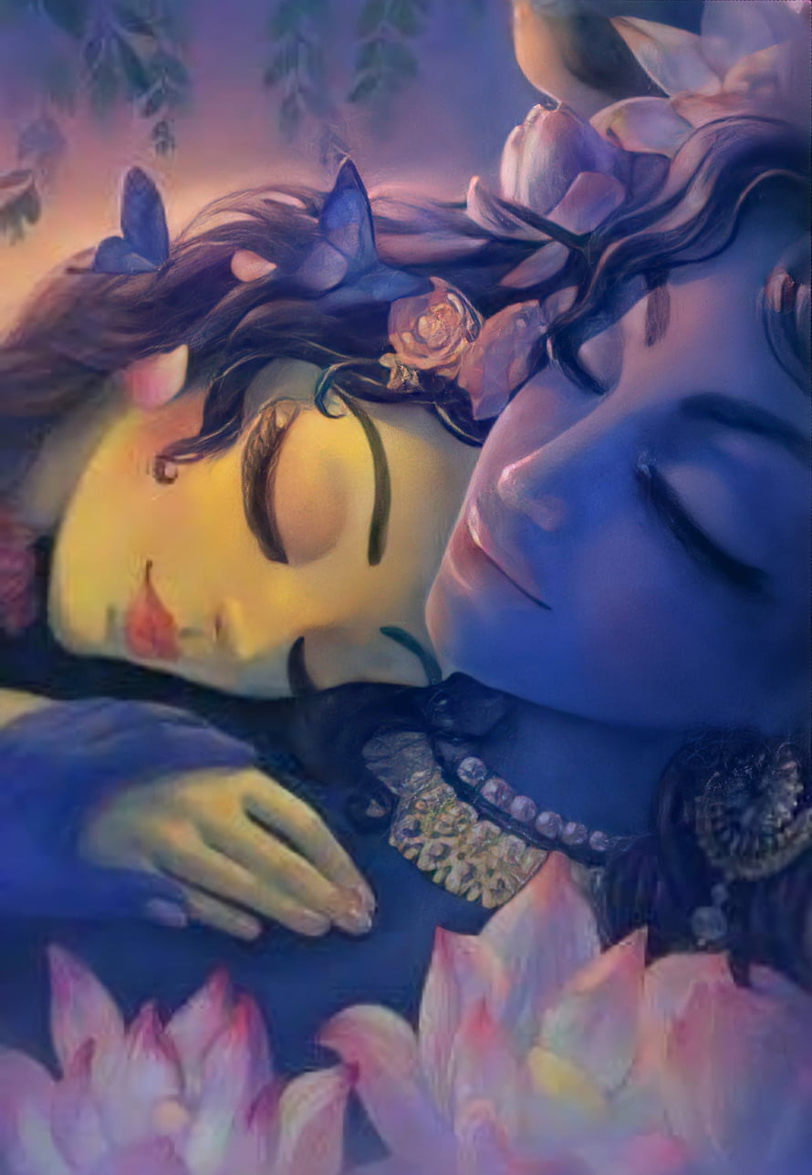 Radha Krishna Resting Together in a Dreamlike Floral Landscape HD phone wallpaper