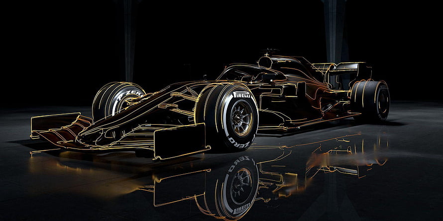 Formula 1 Race Car with Golden Wireframe Outline on Dark Reflective Surface HD wallpaper