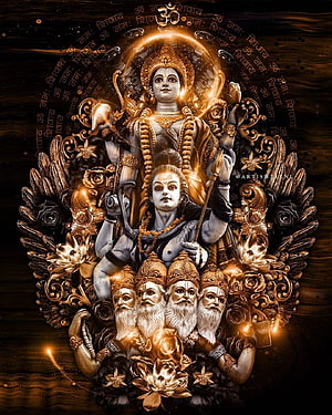Trimurti Hindu Deity Artwork with Shiva Parvati and Brahma Vishnu in Golden Ornate Style HD phone wallpaper