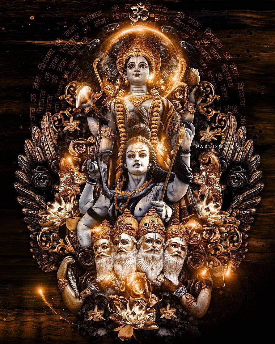 Trimurti Hindu Deity Artwork with Shiva Parvati and Brahma Vishnu in Golden Ornate Style HD phone wallpaper
