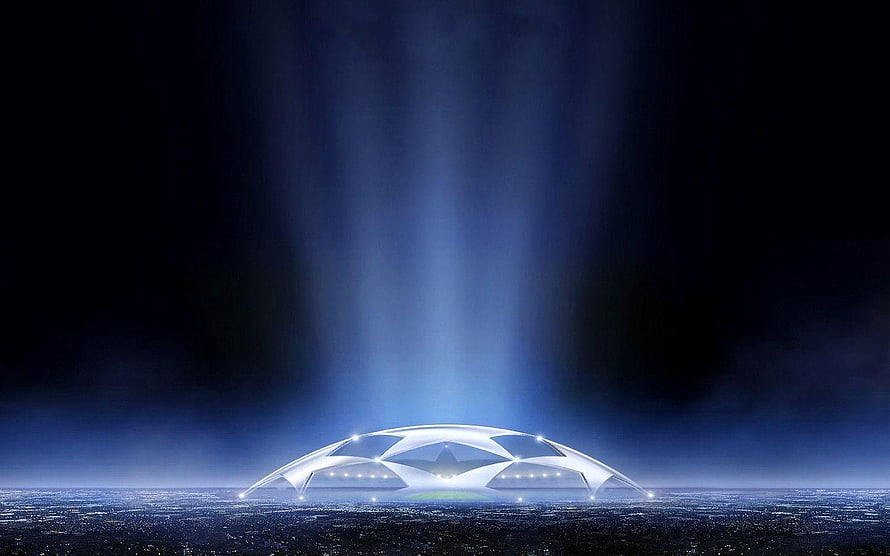 UEFA Champions League Stadium Concept with Dramatic Sky Light Beams HD wallpaper