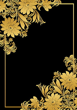 Elegant Gold Floral Corner Frame on Black Background HD phone wallpaper