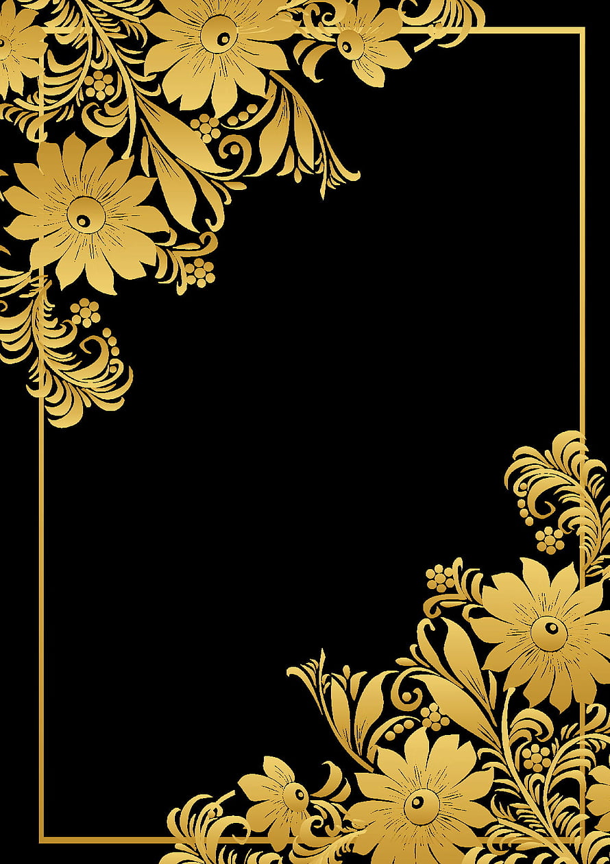 Elegant Gold Floral Corner Frame on Black Background HD phone wallpaper