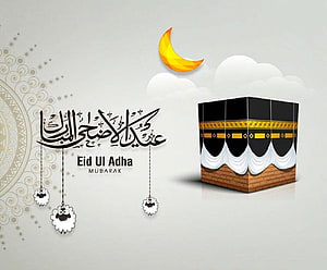 Eid Ul Adha Mubarak Greeting Card Featuring Kaaba, Crescent Moon, and Sheep Illustration HD wallpaper