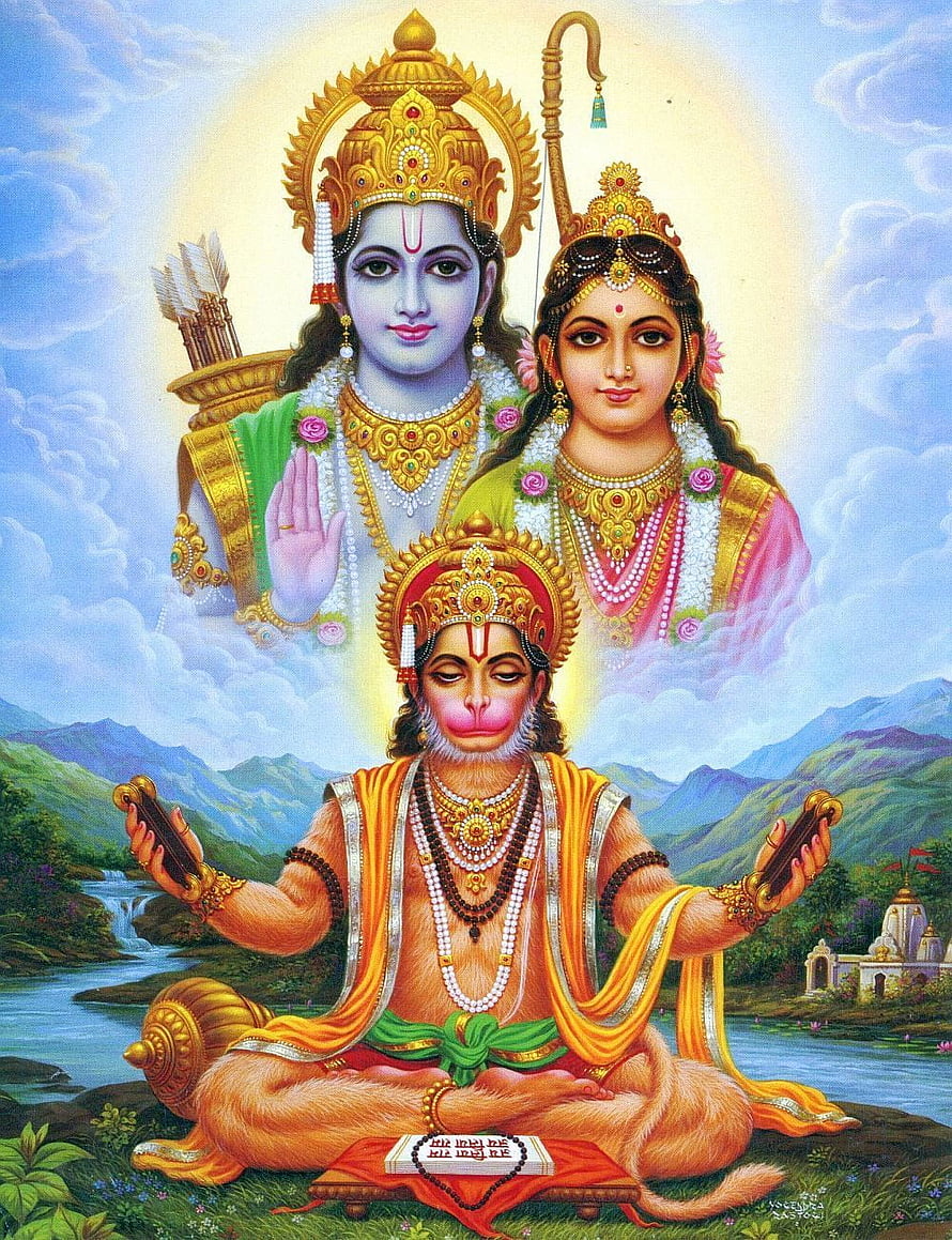 Hanuman in Meditation with Rama and Sita in Divine Indian Mythology Art, Hanuman Rama and Sita, ramsita HD phone wallpaper