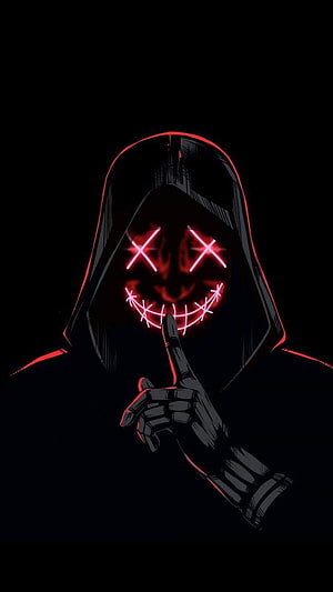 Mysterious Hooded Figure With Glowing Red Neon Face And Shushing Gesture HD phone wallpaper