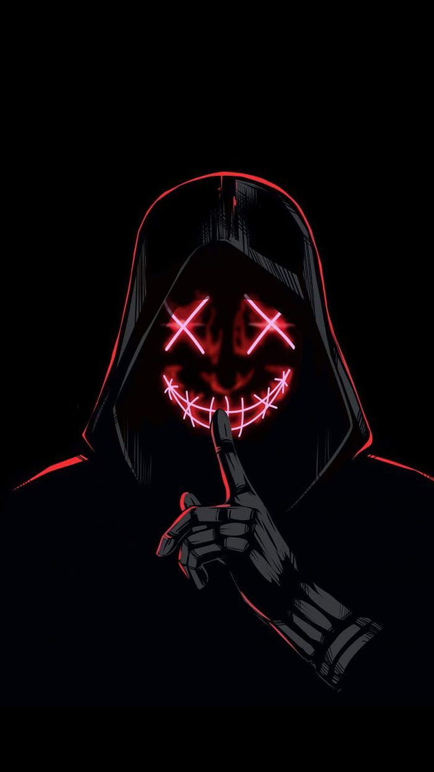 Mysterious Hooded Figure With Glowing Red Neon Face And Shushing Gesture HD phone wallpaper