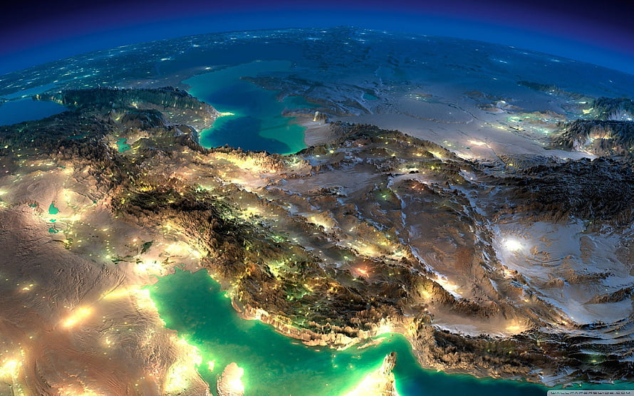 Aerial View of Iran at Night with Glowing City Lights and Mountain Ranges HD wallpaper