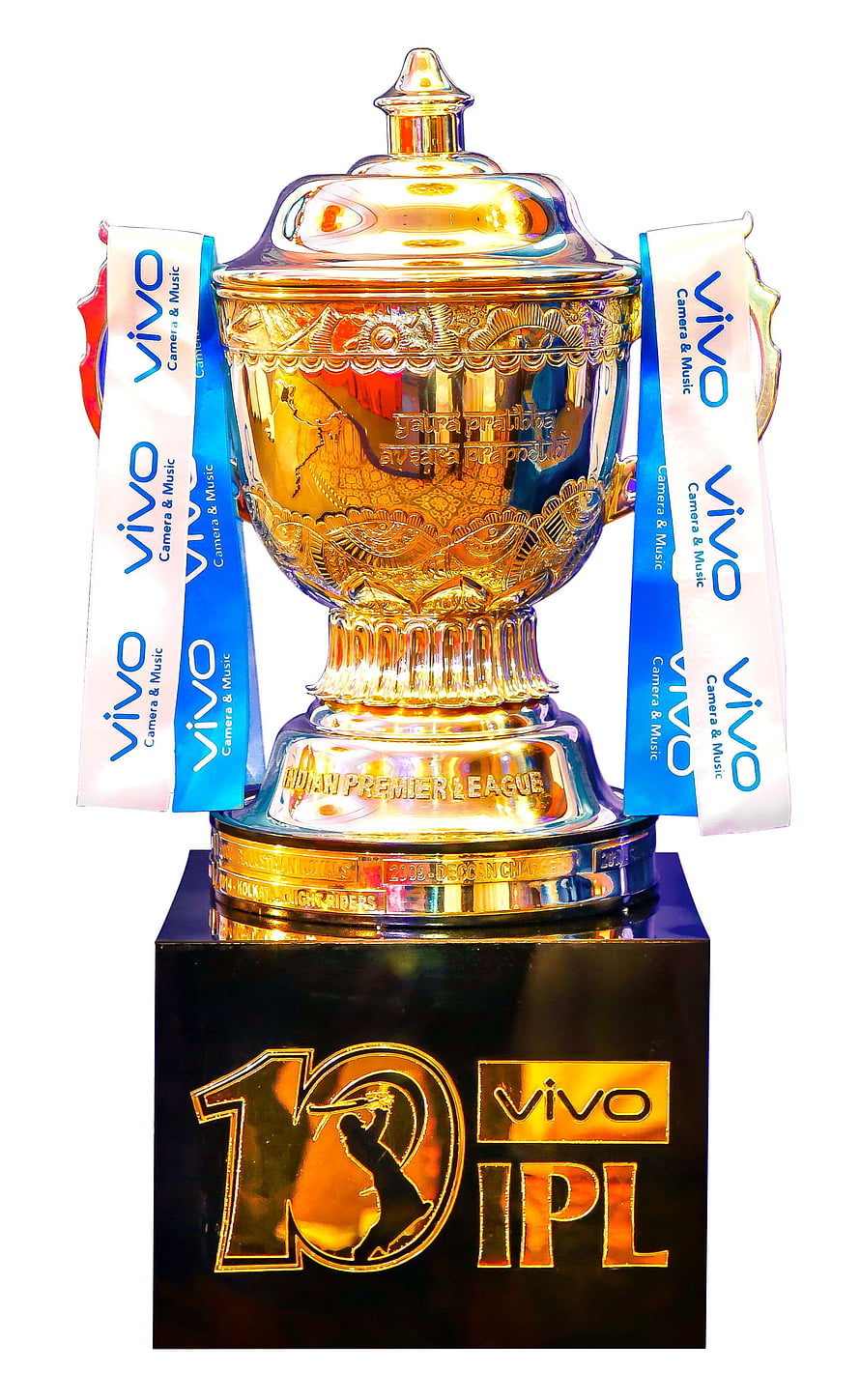 IPL 10th Anniversary Trophy with Vivo Sponsorship on Black Pedestal HD phone wallpaper