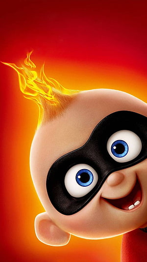 Jack-Jack from Incredibles 2 with flaming hair and black superhero mask on fiery orange background HD phone wallpaper