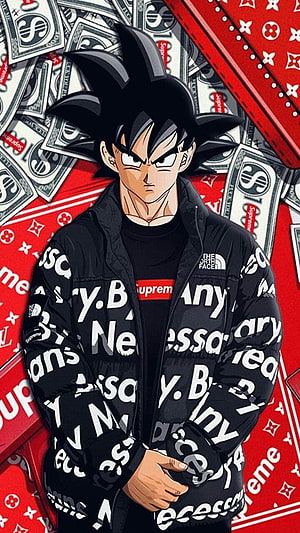 Goku in Supreme and The North Face Streetwear with Money Background HD phone wallpaper