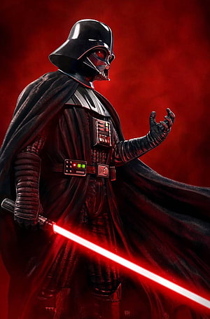 Darth Vader Wielding Red Lightsaber in Dramatic Dark Armor and Flowing Cape HD phone wallpaper