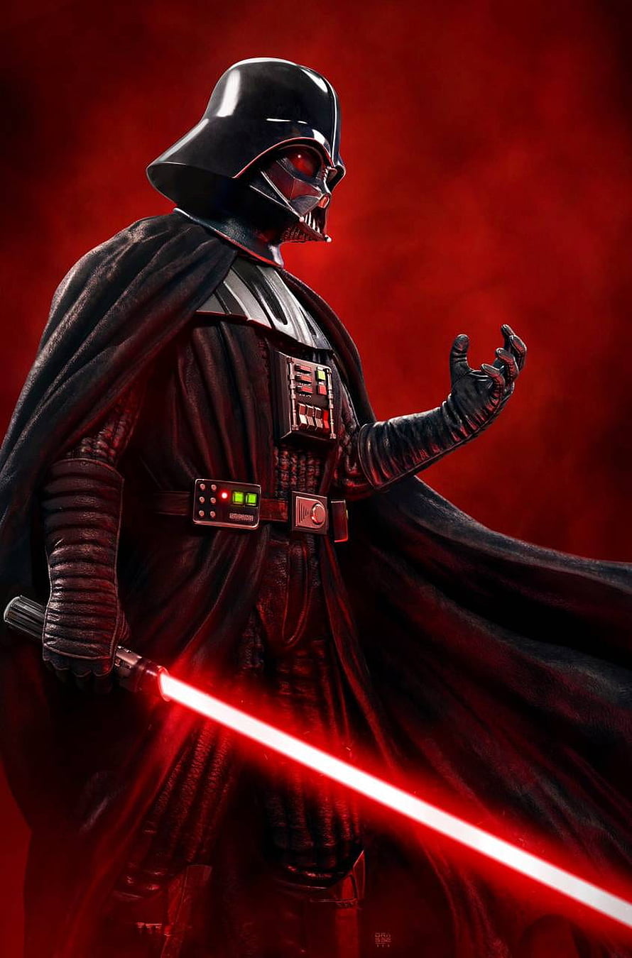 Darth Vader Wielding Red Lightsaber in Dramatic Dark Armor and Flowing Cape HD phone wallpaper