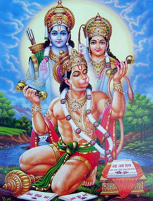 Lord Hanuman with Lord Rama and Sita in Traditional Indian Devotional Art, Lord Hanuman & Hanuman, hanuman HD phone wallpaper