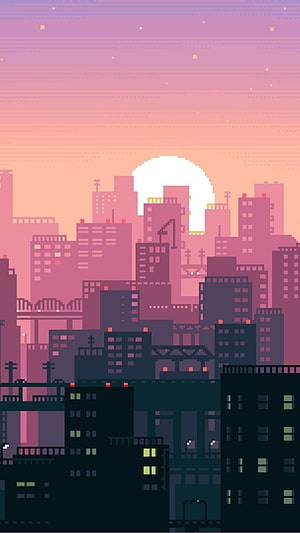 Pixel Art Cityscape at Sunset with Retro Lofi Aesthetic and Warm Pink Sky HD phone wallpaper
