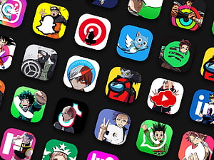 Anime Character App Icons Grid on Dark Background HD wallpaper