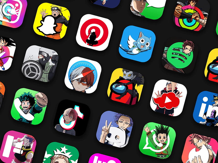 Anime Character App Icons Grid on Dark Background HD wallpaper
