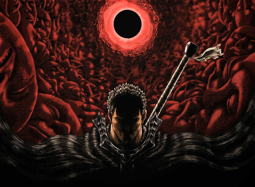 Berserk Guts with Dragon Slayer Sword Amidst Crimson Faces and Eclipse HD wallpaper