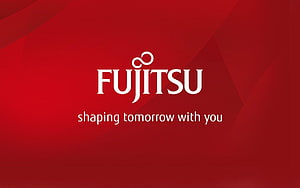 Fujitsu Corporate Logo on Deep Red Geometric Background with Tagline HD wallpaper