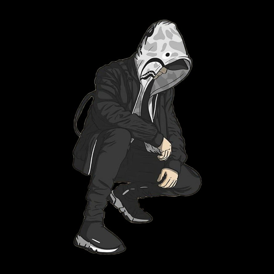 Grayscale Illustration of a Crouching Figure in a Shark Hoodie Wearing Streetwear HD phone wallpaper