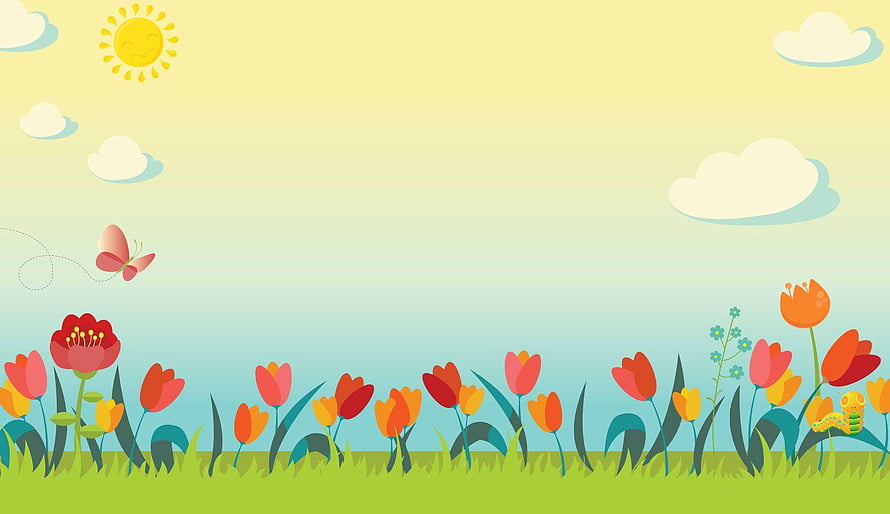 Colorful Spring Meadow Illustration With Tulips, Butterfly, And Smiling Sun HD wallpaper