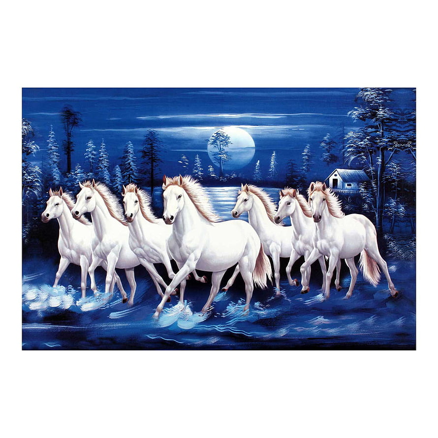 Seven White Horses Running Through Water Under Full Moon Night Landscape Painting HD phone wallpaper